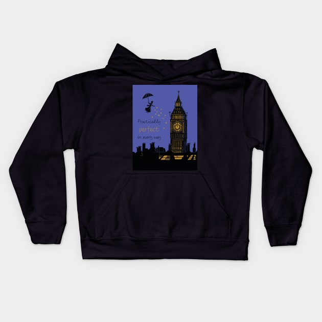 Mary Poppins Practically Perfect in Every Way Linocut Silhouette on Purple Kids Hoodie by Maddybennettart